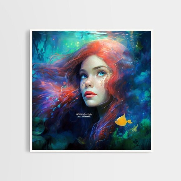 8x8 Princess Ariel Portrait Wall Art Fantasy‎ Watercolor Oil Painting Print - Picture 4 of 8
